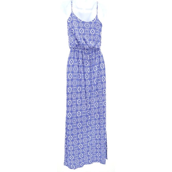 Lush Mediterranean Spaghetti Strap Maxi Blue White Pattern Soft Sun Dress S - Picture 2 of 9